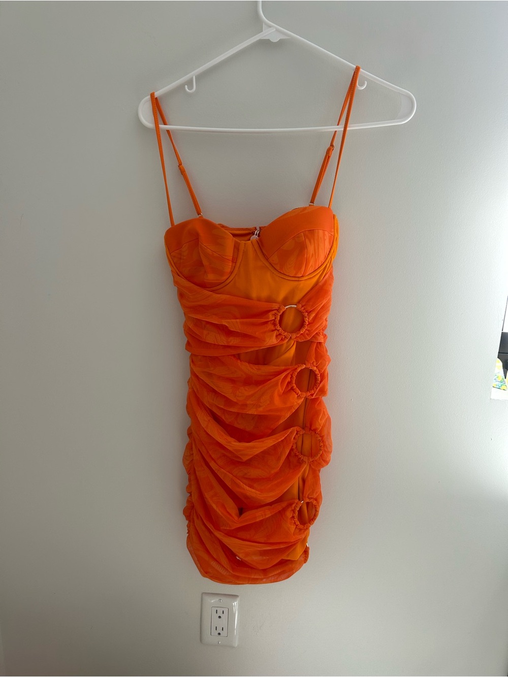 Vibrant Orange Ruched Mini Dress with Ring Accents